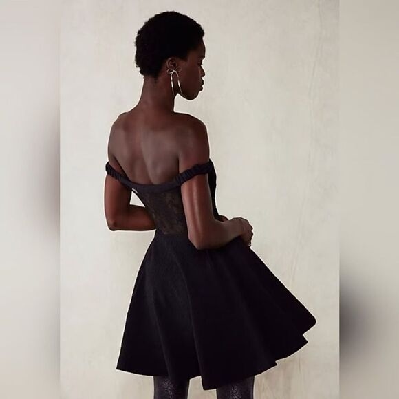 NWT Free People Brooklyn Mini Black Lace Off-Shoulder A-line Dress Sz. Small - Picture 2 of 7